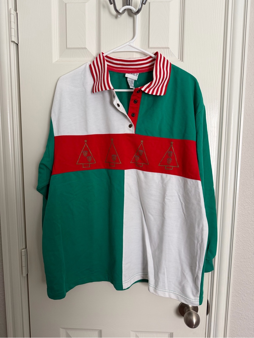 Vintage Koret XL Christmas Colorblock Polo Shirt Embroidered Trees 90s Holiday